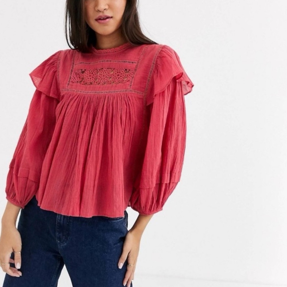 Free People‎ Pink Puff Sleeve Ruffled Blouse